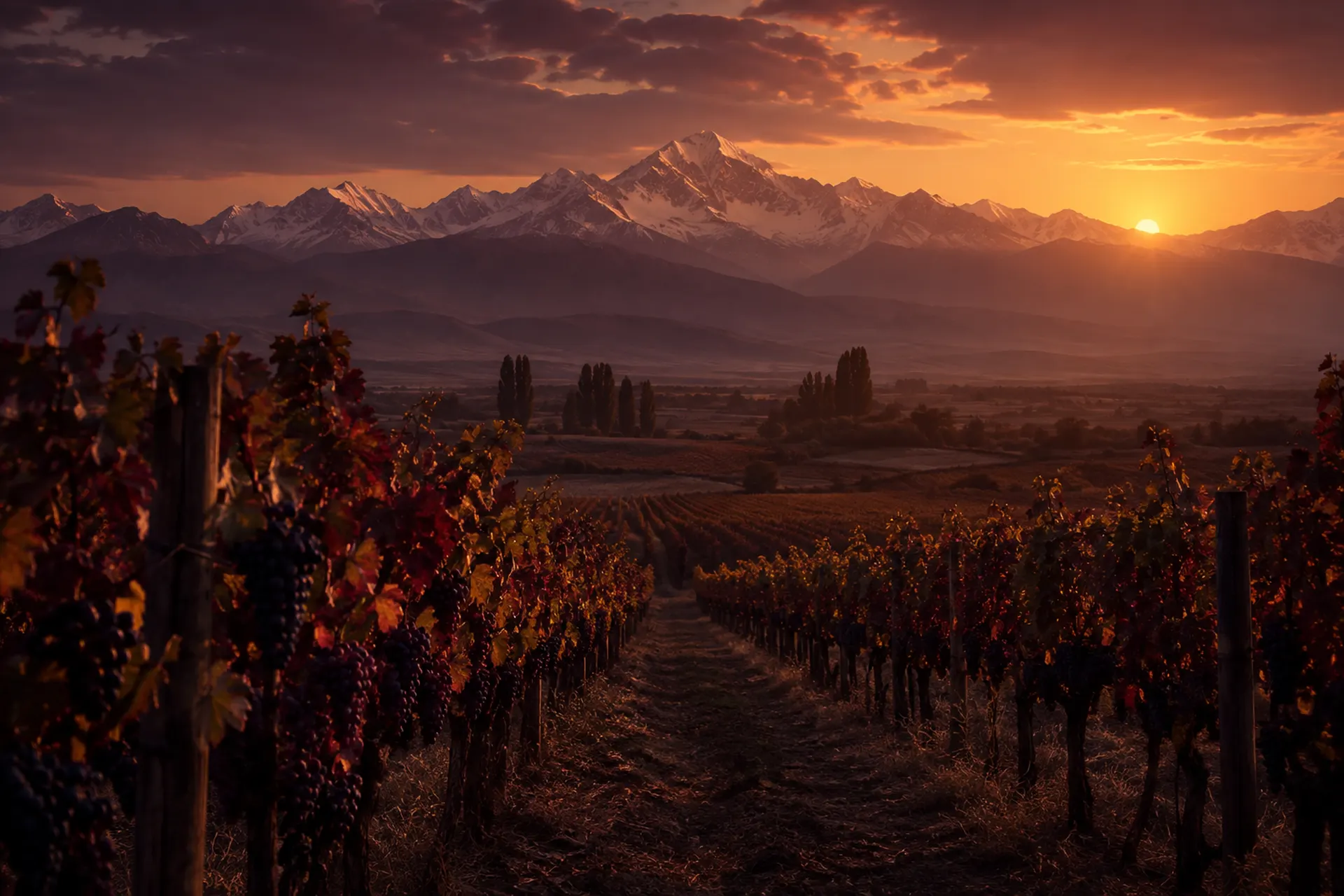Viñedos al atardecer frente a la cordillera de los Andes